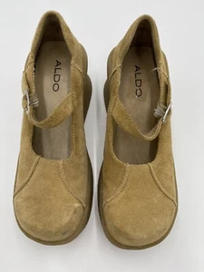Aldo Leather Suede Mary Jane Wedges Heels Taupe Shoes Womens Buckle Size 37 M - Picture 1 of 6