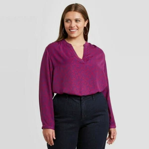 Women's Plus Size Printed Long Sleeve Blouse - Ava & Viv Purple 1X - Picture 1 of 1