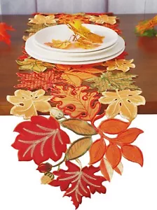 Fall Thanksgiving Table Runner Orange Maple Leaves Harvest Autumn Holiday Par... - Picture 1 of 5