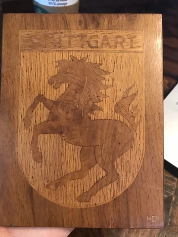 Vintage German STUTTGART hand made MARQUETRY Plaque SIGNED European Art Cover