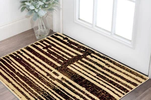 2' X 4' Tan Black and Red Striped Non Skid Area Rug - Picture 1 of 9