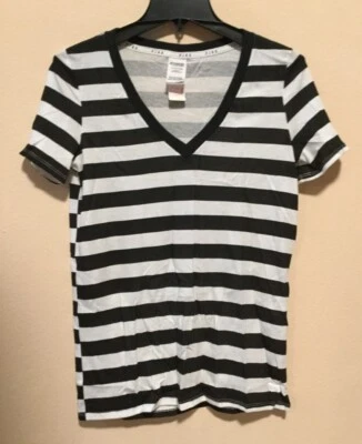 Nueva Camiseta Victoria's Secret ROSA Manga Corta Cuello en V Rayas B&W XSmall N6550XS Foto 1 de 4