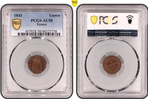 1843 Greece 1 Lepton, Orthon, PCGS AU 58, KM-13, Rare Date & Grade - Picture 1 of 1