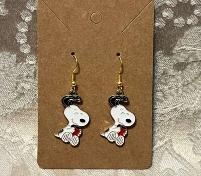 Snoopy Hot Coffee Gold Loop Enamel Drop Dangle Adorable Earring Set - Image 1 of 2