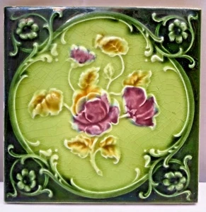 Antique Tile Majolica England Ceramic Rose Flower Purple Green Architecture "137 - Picture 1 of 3