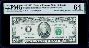 $20 1993 Federal Reserve Note St. Louis "Super Radar Serial # 37777773 PMG 64 CU - Picture 1 of 3