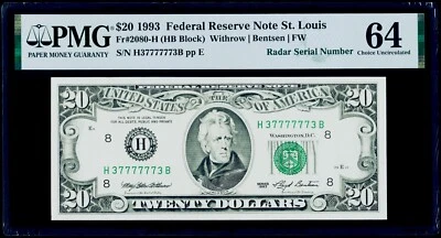 $20 1993 Federal Reserve Note St. Louis "Super Radar Serial # 37777773 PMG 64 CU - Image 1 of 3