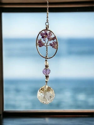 Ovalado Piedra Púrpura Cuentas Cristal Atrapasol Coche Adorno Foto 1 de 3