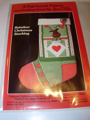 CHRISTMAS CRAFTS APPLIQUE FABRIC QUILTED HOLIDAY PATTERN REINDEER STOCKING 12X16 - Image 1 of 3