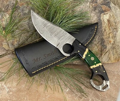 Cuchillo de hoja fija cazador de acero Damasco mango de madera espiga completa regalo personalizado Foto 1 de 4