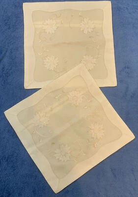 Vintage Linen Blend Cream Ivory Pillow Covers 15.5”Square Zip Close Embroidered - Image 1 of 4