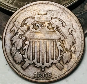 1866 Two Cent Piece 2C Ungraded Civil War Era US Copper Coin CC23537 - Picture 1 of 4