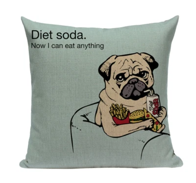 Pug Diet Soda PUG1 Cushion Pillow Cover Lazy Diet Fitness Junk Food Fries Pizza - Image 1 of 4
