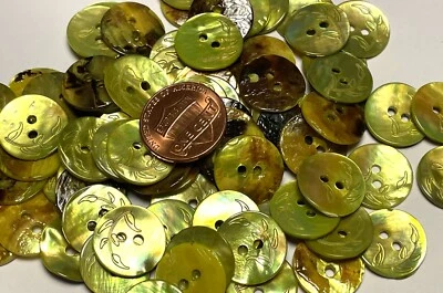 8 PCS ONLY! Dyed Lime Green Lasered Abalone Shell Buttons 15mm Almost 5/8" 13554 - Image 1 of 4