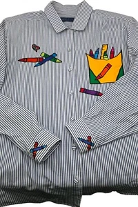 Vintage 90s Novelty Crayon Embroidered Teacher Button Up Blouse Shirt Size Large - Picture 1 of 13