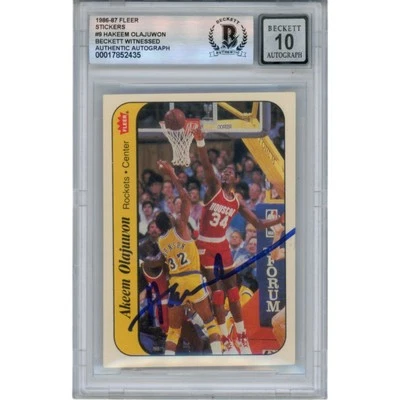 Hakeem Olajuwon Autographed 1986 Fleer Sticker 9 Slab Trading Card Beckett 50343 - Image 1 of 2