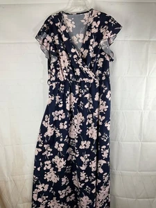 Maxi Vestido Estampado Floral Cuello en V Manga Acampanada Azul Marino Rosa XXLarge 100% Poliéster N - Imagen 1 de 6