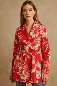 Neu mit Etikett Austin Schilf rot Blumenmuster Retro luxuriös Gürtel zweireihiger Blazer Jacke M - Bild 1 von 17