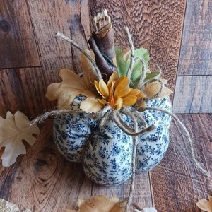 Fall Pumpkin Farmhouse Country/Blue & White Fabric Tier Tray or Bowl Tablescape  - Picture 1 of 5