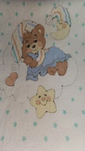VTG 1980s Riegel Sleepy Time Teddy Bear Satin Trim Baby Blanket Stars USA 30x50 - Picture 1 of 6