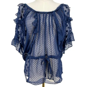 Rebecca Taylor Sheer Mesh Polka Dot Blouse Navy Size 2 Feminine Coquette - Picture 1 of 12