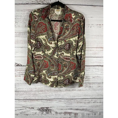 Camisa Talbots Feminina 14 Seda Paisley Vermelho Verde Creme Manga Longa Blusa Botão - Imagem 1 de 4