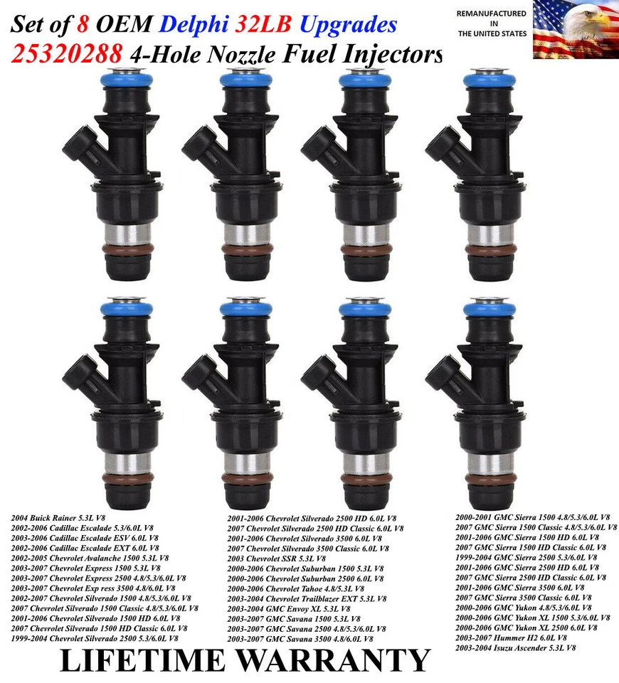8X 32LB OEM Delphi 340cc Injectors For 2003-2007 Chevrolet Express 1500 5.3L V8 - Image 1 of 1