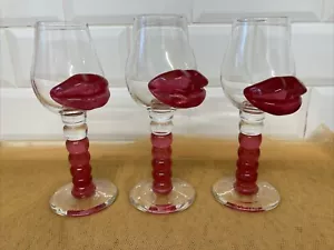 Heavy Wine Glasses With Applied Pink Stems And Pink Lips X 3 - Height 22 Cms - Picture 1 of 13