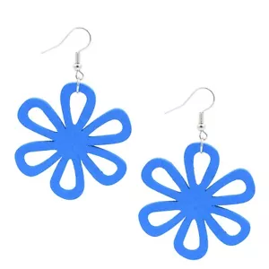 Blue Wood Sun Flower Dangle Earrings - Picture 1 of 4