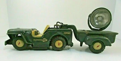 Japan Tin U.S. Army Jeep with RARE Spot Light Trailer Toy  Japan Battery Display - Image 1 of 4