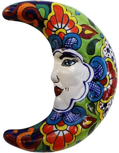Cerámica de Jardín Mexicana Hecha a Mano Talavera Pared Cerámica Luna Cara - Imagen 1 de 2