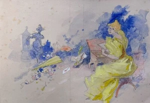GCO67-DESSIN ORIG-JULES CHÉRET AQUARELLÉ-SIGNÉ-LISEUSE-STATUE-DÉCOR FLORAL-1891 - Foto 1 di 2