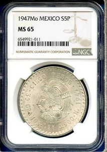 1947 Mo Mexico NGC MS65 Silver 5 Pesos S5P Cinco Pesos Cuauhtemoc Coin MS-65  - Picture 1 of 3