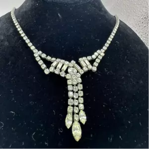 Clear Rhinestones Glass Baguettes Chandelier Drop Vintage Gold Choker 16" M-5086 - Picture 1 of 3