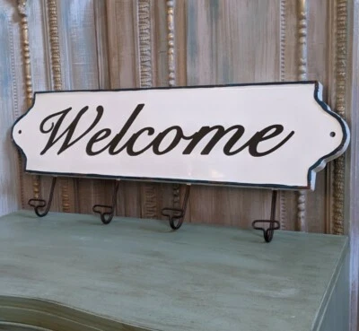 NEW Large Set of 4 HOOKS Shabby Chic RUSTIC Enamel Black & White Coat Hat Rack - Image 1 of 4