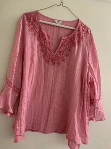 Blusa Crown & Ivy Rosa y Blanco Rayas Bordada Mangas Campana Talla 2XL - Imagen 1 de 5