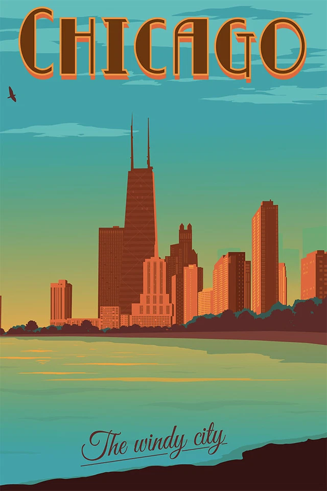 Чикаго город путешествий пейзаж винтажный картина настенное искусство домашнего декора - плакат 20 x 30 - Изображение 1 из 3