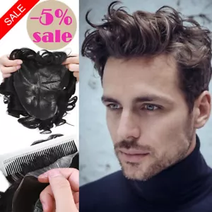 FULL PU Replacement System Mens Toupee Hairpieces Remy Human Hair Skin Poly Wigs - Picture 1 of 35