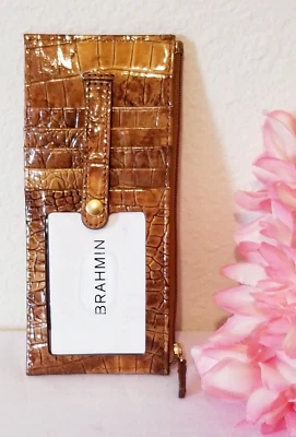 BRAHMIN MELBOURNE MARRÓN BRILLANTE GENUINO Cuero TARJETA DE CRÉDITO DELGADO PORTA BILLETERA Foto 1 de 4