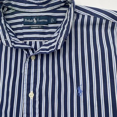 Camisa polo Ralph Lauren clássica listra branca azul Oxford botão para baixo G/S grande - Imagem 1 de 4