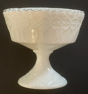 Fenton Milk Glass Compote Spanish Lace Silver Crest Pedestal Vintage 6" x 6.5" - Picture 1 of 12