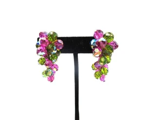 VTG Pair of Pink Purple Green Glass Bead 1.5" Cha Cha Clip On Dangle Earrings - Picture 1 of 7