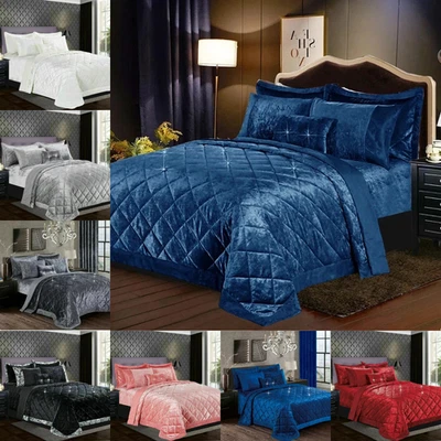 Velvet Quilted Bedspread Set 3 Piece Luxury Bedding Throw Double King Super King - Image 1 of 4
