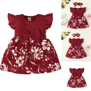 2Pcs Newborn Baby Girl Floral Romper Bow Knot Jumpsuit +Headband set Outfits - Picture 1 of 6