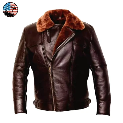 Men's Brown B3 Bomber Aviator Leather Jacket Real Sheepskin Fur Shearling Pilot - Image 1 of 4