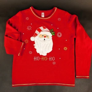Woman Christmas Sweater M Red Gold Trim Santa Beaded Eyes Furry Beard Ho Ho Ho - Picture 1 of 12