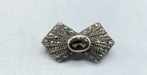 Sterling Silver Smoky Quartz Marcasite Bow Brooch - 925 Oval Milgrain Pin - Picture 1 of 5