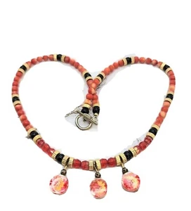 VTG Angel Skin Coral, Onyx, Glass Beaded Necklace W/Pink MOP Charms - Picture 1 of 7