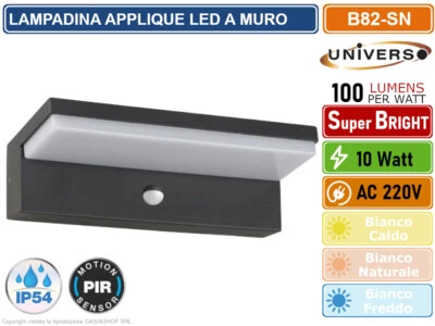 APPLIQUE LAMPADA LED DA MURO 10W WALL LIGHT SMD DA ESTERNO IP54 CON SENSORE PIR - Immagine 1 di 4