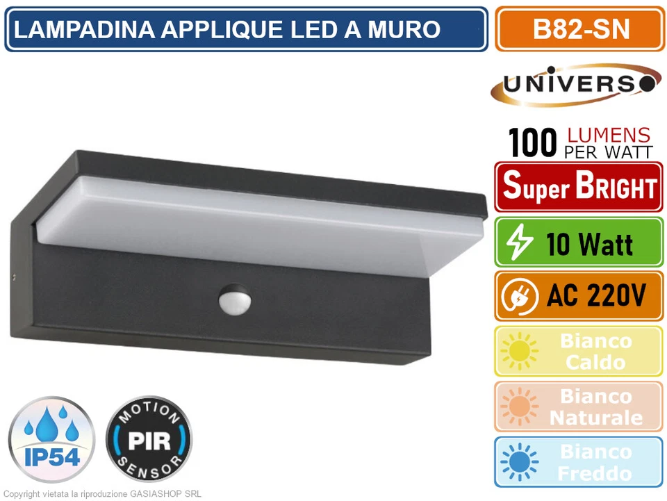 APPLIQUE LAMPADA LED DA MURO 10W WALL LIGHT SMD DA ESTERNO IP54 CON SENSORE PIR - Immagine 1 di 4